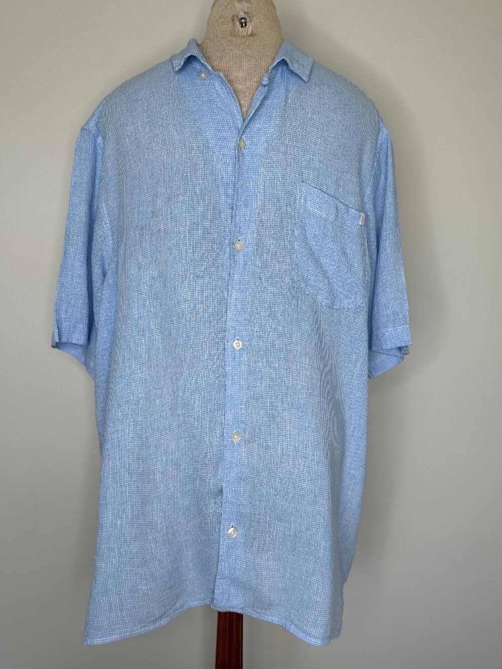 Chaps Men's Linen Blend Short Sleeve Light Blue Micro-houndstooth check Shirt XL